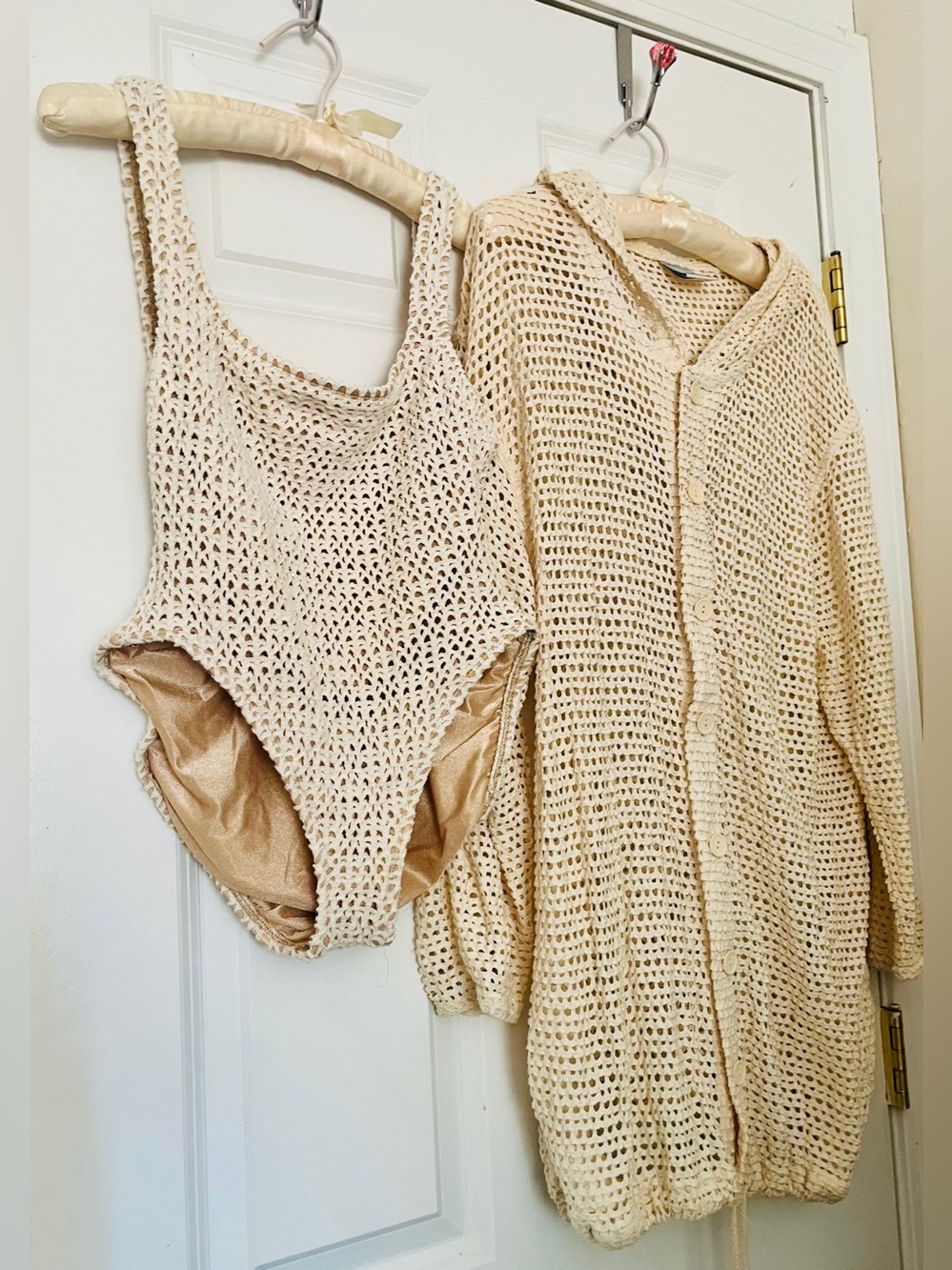 Vintage Baja Blue Crochet Cream Hoodie Coverup Cardigan and Swimsuit Set